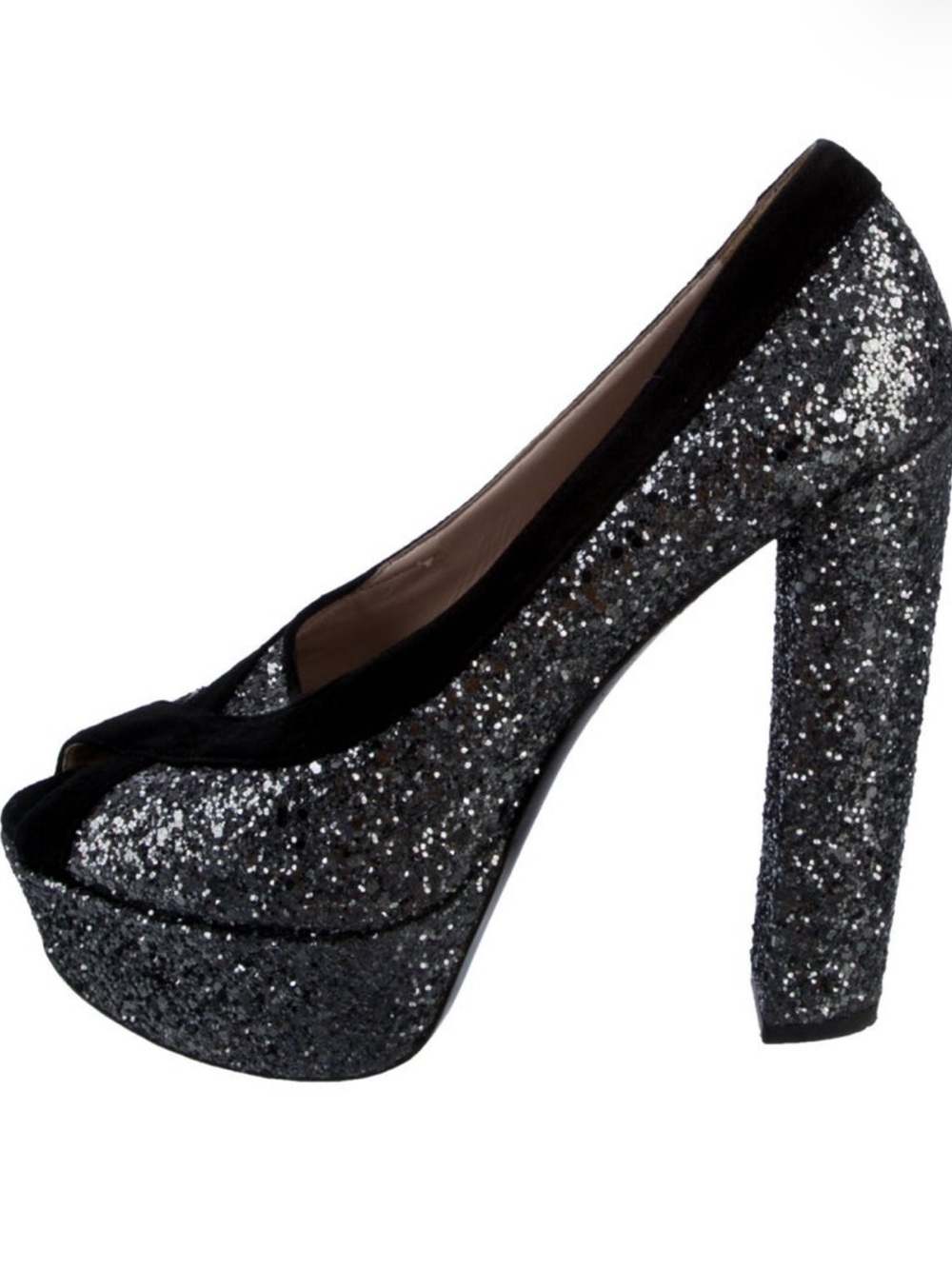 Miu Miu Black Glitter Peep-Toe Platform Pumps